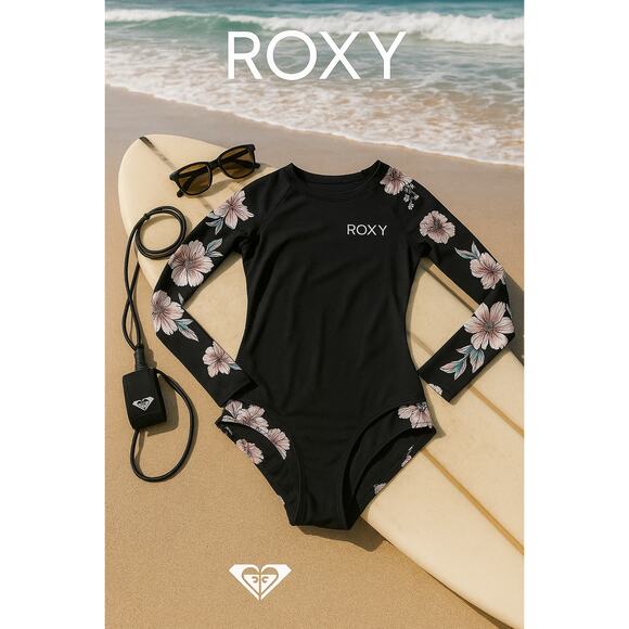 Roxy Long Sleeve Black & Floral Zip Back One Piece Sz. M - Picture 1 of 6